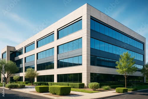 Contemporary office building with large windows and beige exterior in sunlight surrounded by landscaping and clear blue sky background.