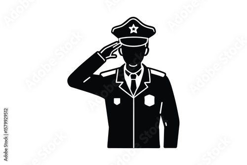 Respectful Police Officer Saluting with Pride in Black and White Silhouette Style Vector Illustration silhouette