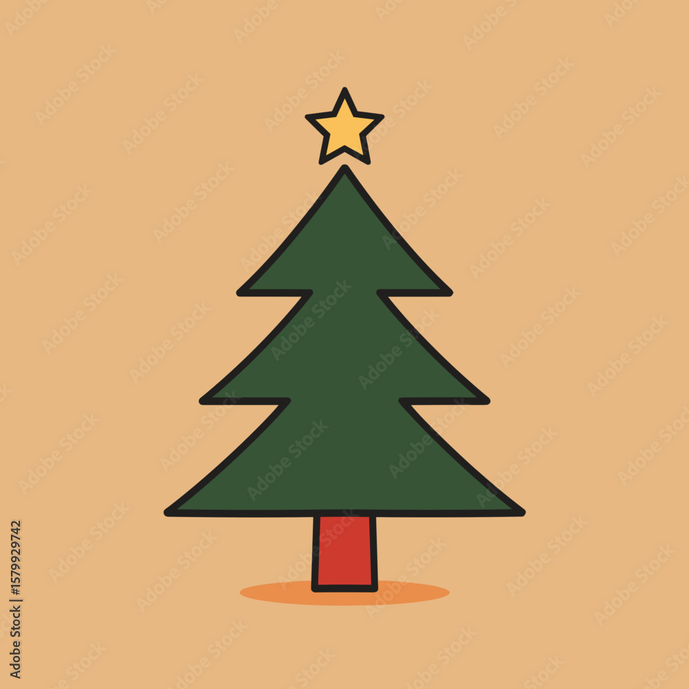 Fototapeta premium Simple green Christmas tree with star on orange background 