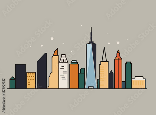 City skyline illustration in modern flat style with vibrant colors  