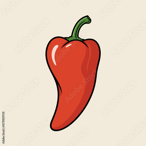 Red chili pepper illustration with green stem on beige background  