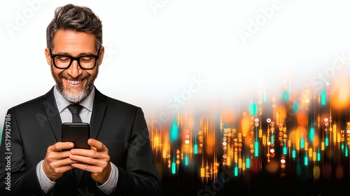 Businessman Using Smartphone with Blurred Colorful Financial Data