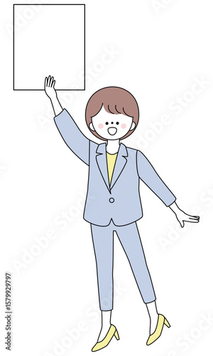 小さいボードを掲げるスーツ姿の女性イラスト