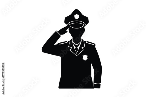 Respectful Policeman Saluting with Honor and Dedication in a Powerful Silhouette Style Illustration on White Background silhouette