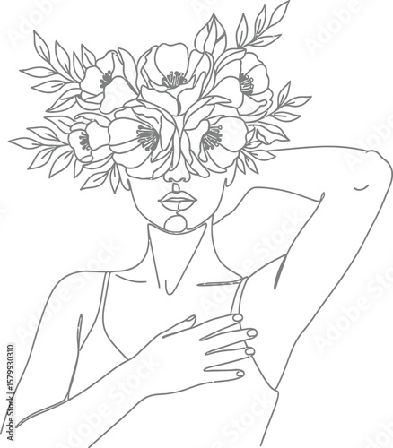 Woman floral head continuous line drawing vector illustration beauty fashion minimalist design artwork art
