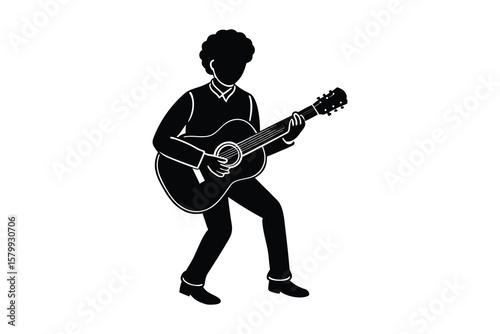 Musician Playing Acoustic Guitar with Passion in a Black and White Silhouette Style Illustration silhouette