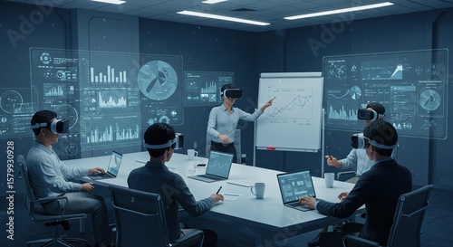 People in a meeting room using virtual reality headsets around a table.