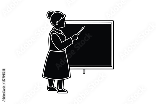 Female Teacher Explaining Lesson on Blackboard with Pointer in Classroom Education Concept Black and White Silhouette