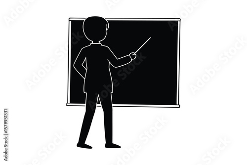 Teacher Explaining Lesson on Blackboard with Pointer in Silhouette Style Against White Background silhouette