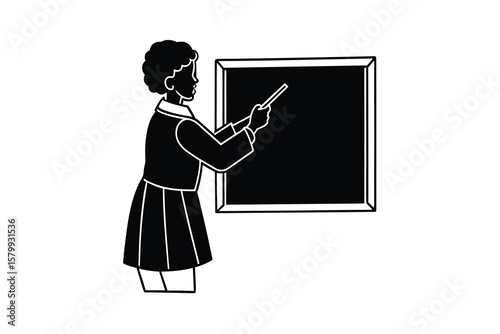 Young Student Presenting at Chalkboard with Pointer in Hand Classroom Learning Illustration Silhouette