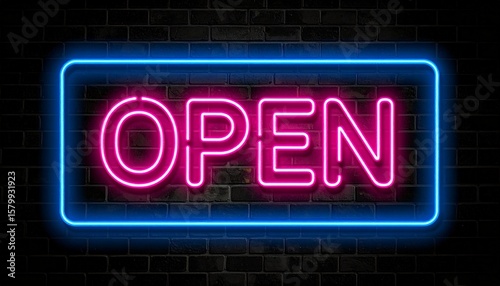 Luminous retro style neon sign with the word open in bright pink glowing letters against a dark wall for business concepts.