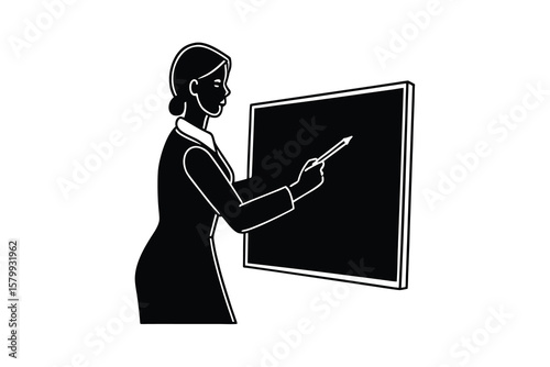 Elegant Teacher Explaining Lesson on Blackboard with Pointer in a Clean Black and White Silhouette