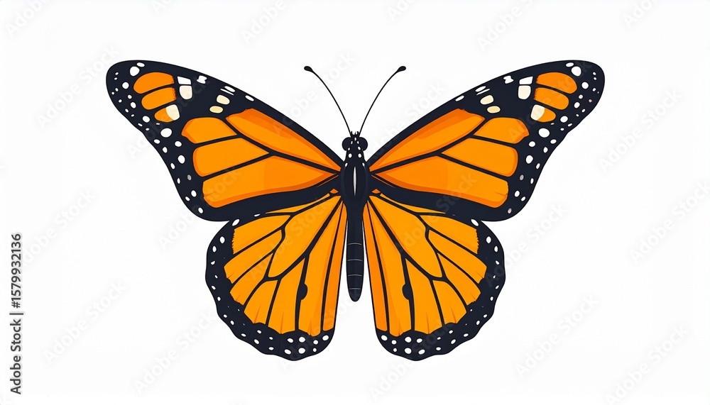 Fototapeta premium Exquisite monarch butterfly illustration with detailed orange and black wings. Wildlife art of a beautiful insect isolated on a white background.