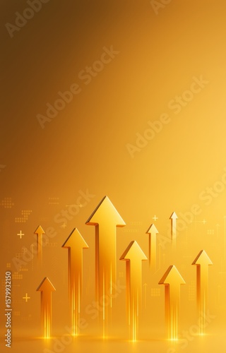 Abstract golden arrows rising upward on bright gradient background symbolizing growth, success, and business promotion concept with copy space.