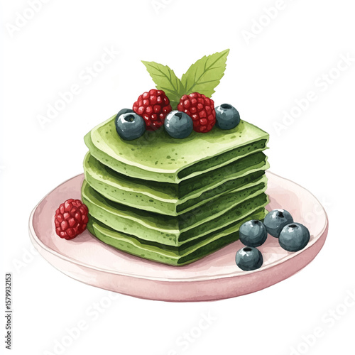 Matcha pancakes stacked with berry toppings