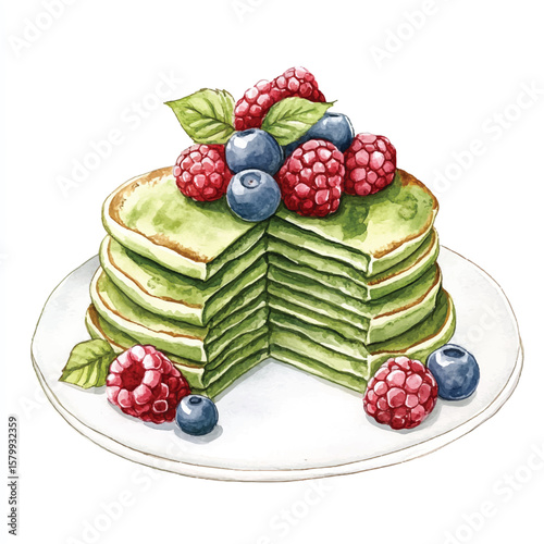 Matcha pancakes stacked with berry toppings
