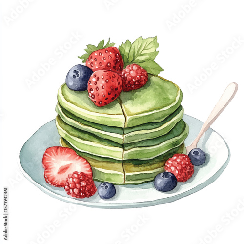 Matcha pancakes stacked with berry toppings