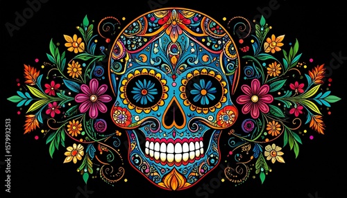 Vibrant sugar skull decorated with intricate floral ornaments, a festive symbol of Mexican cultural celebration on a black background.