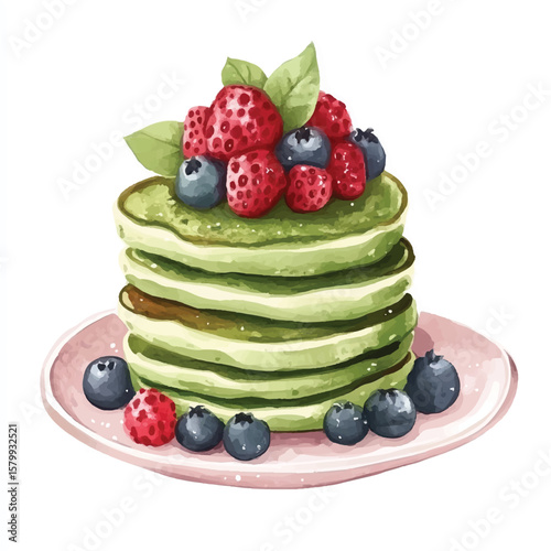 Matcha pancakes stacked with berry toppings