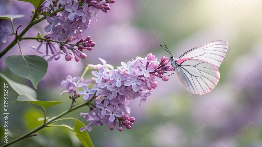 Fototapeta premium Delicate White Butterfly on Lilac Flowers in Soft Spring Light