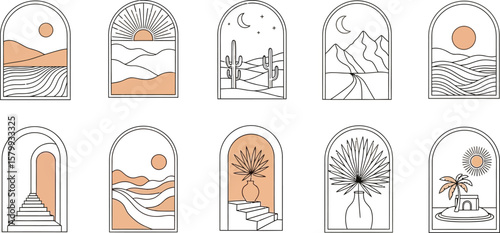 Boho desert landscape art print set, minimalist arch wall decor, sun, moon, cactus, palm tree, vector design
