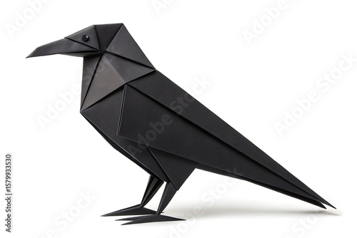 Geometric raven sculpture artfully stands; its polygonal design showcases modern origami elegance on white