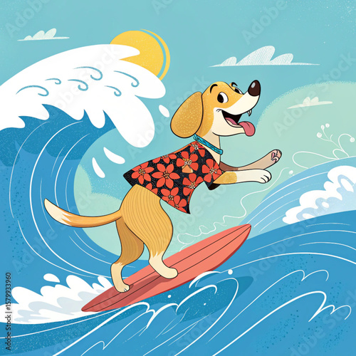 Dog in Hawaiian Shirt Catching Wave — Vacation Vector