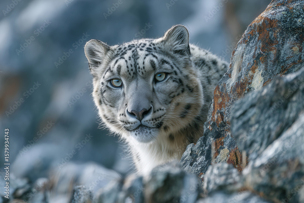 Fototapeta premium A snow leopard perched on a rocky cliff in the Himalayas,