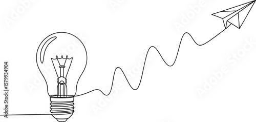 Lightbulb idea paper airplane innovation creativity inspiration concept one line drawing vector illustration