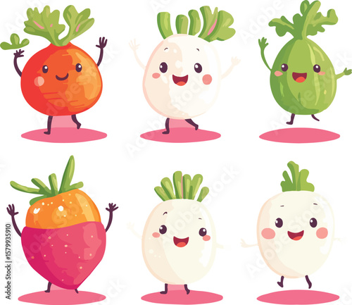 Cartoon Turnip Characters with Happy Faces and Waving Arms in a Group