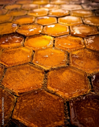 Ultra-Realistic Honey Brick Path Close-Up — Hexagonal Amber Tiles with Glossy Texture and Warm Glow