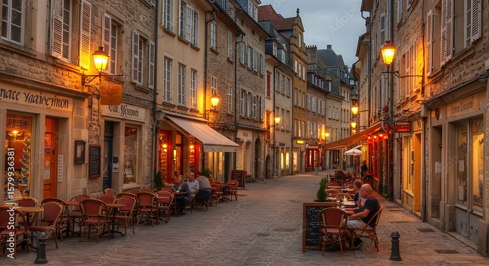 Fototapeta premium A charming European street scene at dusk, featuring restaurants and illuminated buildings.