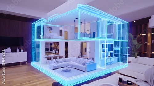 Interior design of a house displayed as a transparent architectural model.