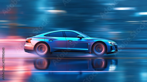 Fast Moving Metallic Blue Car on Wet Pavement