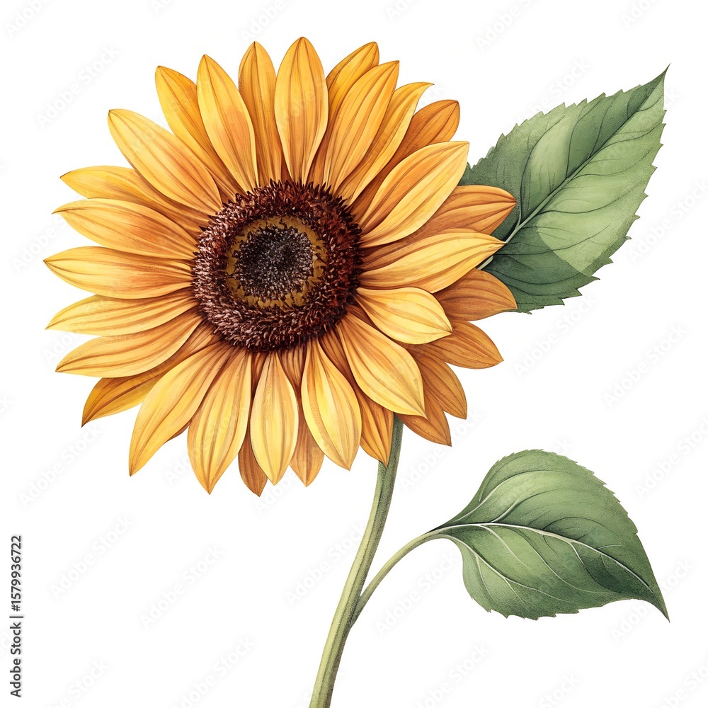Naklejka premium Bright yellow sunflower blossom with green leaf isolated on a clean white background