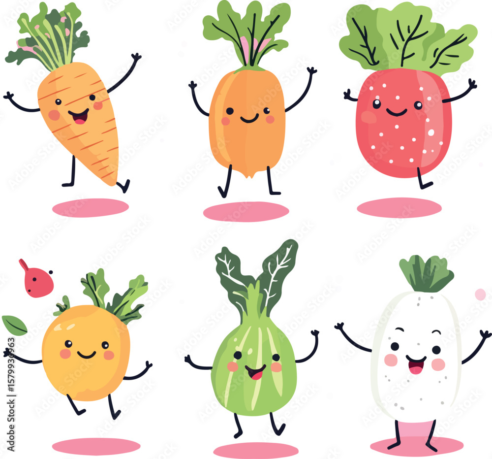 Fototapeta premium Cartoon Root Vegetables Illustration with Happy Smiling Faces and Arms Raised Up