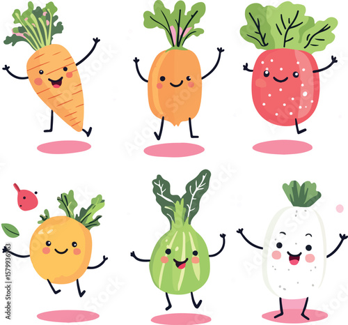 Cartoon Root Vegetables Illustration with Happy Smiling Faces and Arms Raised Up