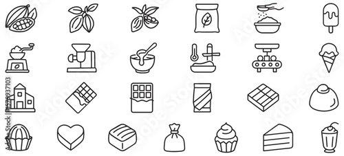 Line Icons Pack for Chocolate Production and Desserts – Unique Cocoa, Factory, Candy & Sweet Treat Outline Illustrations