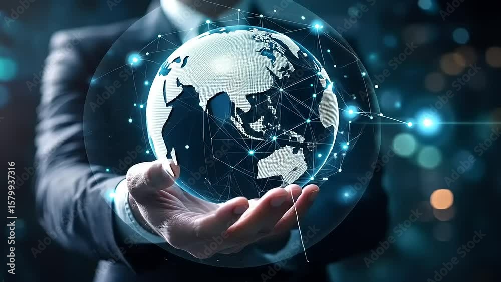 Businessman holding a digital globe representing global connectivity in a futuristic office setting