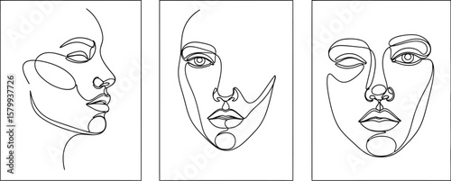 Minimalist line art woman face drawing vector illustration set for beauty and fashion design ideas