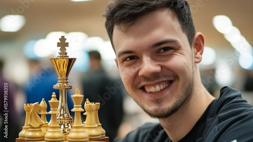 Chess Champions Victory: Smiling Young Man with Golden Trophy and Chess Pieces.
