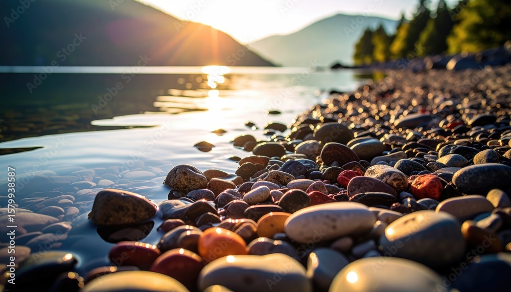Obraz premium Sunlit lake shore pebbles