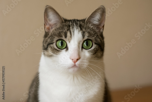 Alert domestic cat with green eyes sitting indoors, focused expression, soft natural light, adorable pet animal portrait