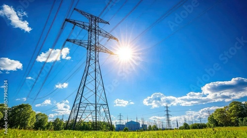 Power lines stretching across a sunny landscape