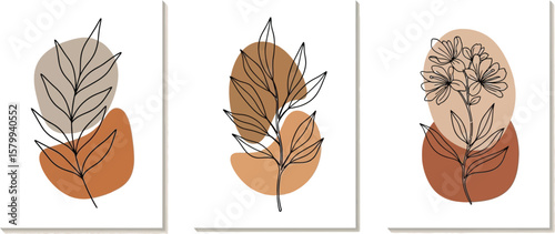Botanical line art prints set of three minimalist wall decor abstract leaf flower art canvas painting