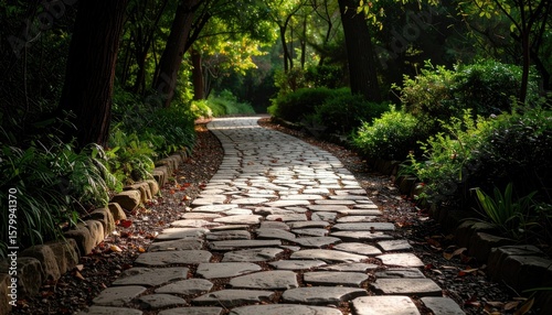 Sunlit stone path through garden