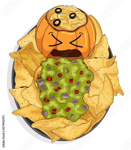 Barfing Pumpkin Guacamole with Tortilla Chips and Cheese Dip. Halloween Party Nachos Detailed Illustration