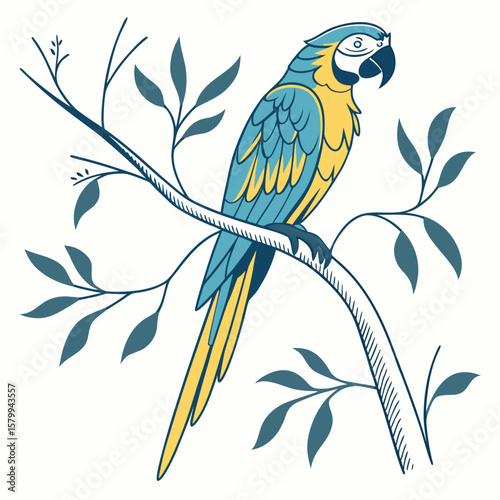 Exotic Macaw Illustration Perched on Branch, Tropical Bird Art in Vintage Botanical Style