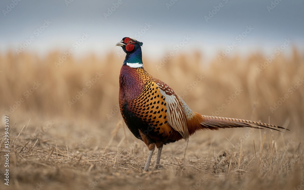 Fototapeta premium Majestic Ring-Necked Pheasant Displaying Vibrant Plumage in a Field Setting