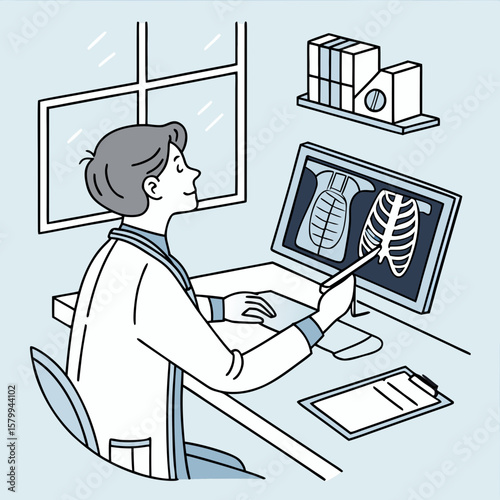 Doctor Analyzing Chest X-ray on Computer Professional medical diagnosis in a clinic setting